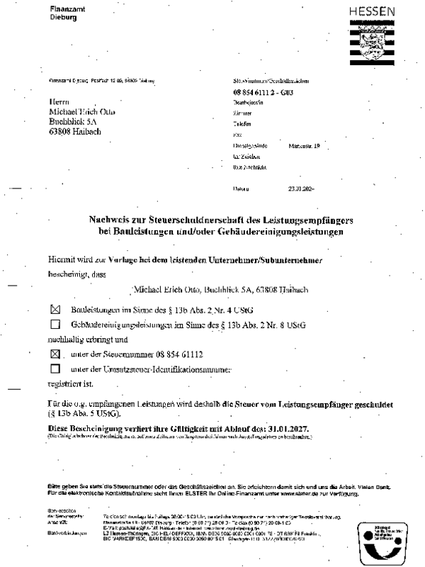 Nachweis zur Steuerschuldnerschaft bei Vogel & Otto in Dieburg
