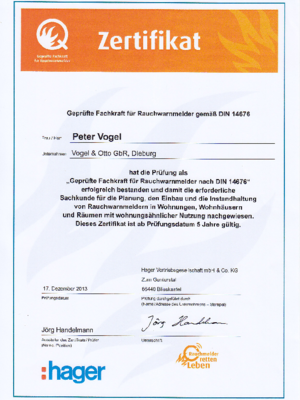 Zertifikat geprüfte Fachkraft für Rauchwarnmelder bei Vogel & Otto GbR in Dieburg