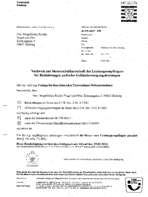 Nachweis zur Steuerschuldnerschaft bei Vogel & Otto GbR in Dieburg